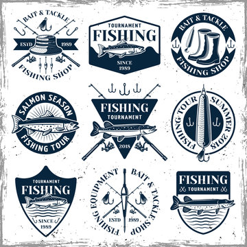 Fishing set of nine vector vintage emblems