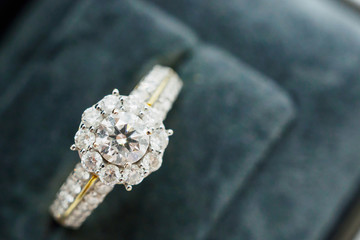 close up luxury wedding diamond ring in jewelry gift box