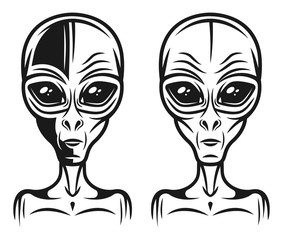 Alien head two styles monochrome illustration