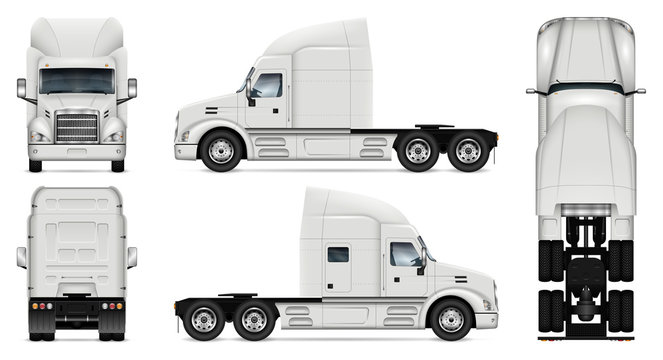 Truck vector mock-up. Isolated template of lorry on white background. Vehicle branding mockup. Side, front, back, top view. All elements in the groups on separate layers, easy to edit and recolor.