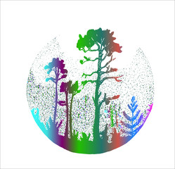 Neon illustration of a misty forest. Trees and plants in the fog.