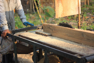 Carpenter using circular saw for cutting wooden boards with power tools.