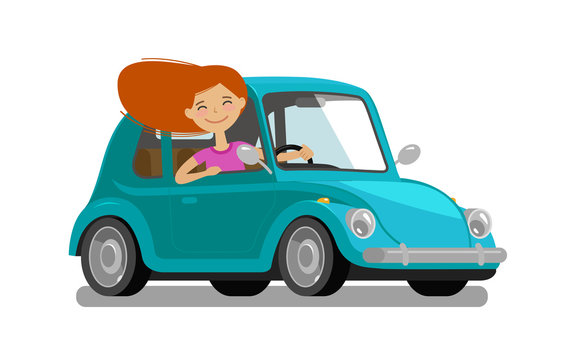 Happy girl rides car. Driving, trip, travel concept. Cartoon vector illustration