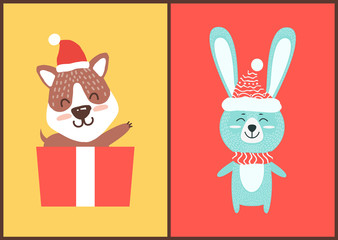 Teddy Bear and Rabbit in Santa Hats Christmas Card