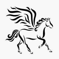 A running winged horse, smooth black lines and curls