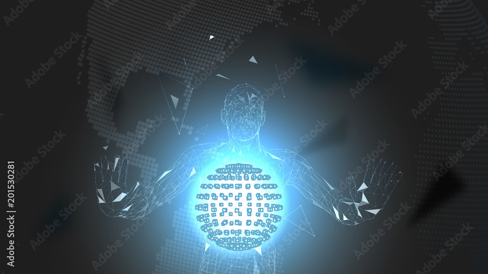Poster conceptual abstract man. connected lines, dots, triangles, particles. cience fiction scene. artifici
