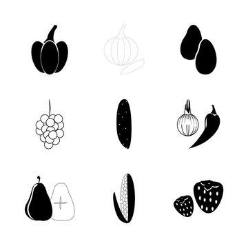 icon Fruits And Vegetables with fruits, vitamins, cocuber, bulb onion and pepper