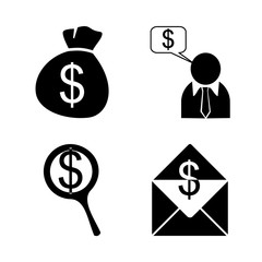 icon Currency with search money, money, bag, envelope and banking