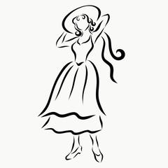 Girl in summer retro dress, hat and shoes