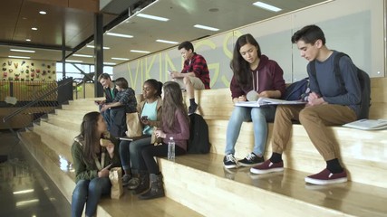 Wide shot of students sitting and learning on the stairs - Powered by Adobe