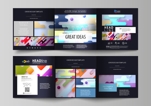 Business templates for tri fold square design brochures. Leaflet cover, abstract vector layout. Bright color lines and dots, colorful minimalist backdrop, geometric shapes, minimalistic background.