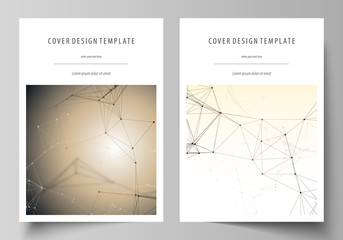 Business templates for brochure, flyer, booklet, report. Cover design template, vector layout in A4 size. Technology, science, medical concept. Golden dots and lines, digital style. Lines plexus.
