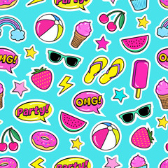 Cute summer seamless colorful pattern of fashion patches: strawberry, slippers, ball,ice-cream, donut, watermelon, cherry, cupcake, speech bubbles etc. Cartoon stickers. Vector illustration