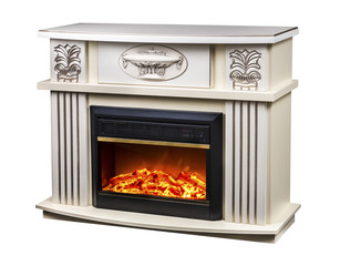 modern decorative electric fireplace with a beautiful burning flame, isolated photo on a white...