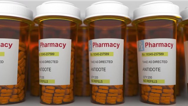ANTIDOTE caption on pill prescription bottles, conceptual animation