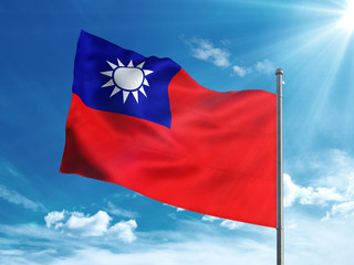 Taiwan flag waving in the blue sky 3D illustration