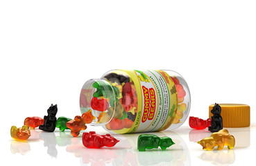  Kids multivitamins gummies poured from transparent container. 3D Illustration
