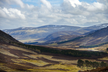 Fototapeta premium Cairngorm Mountains and route to Mount Keen. Angus, Aberdeenshire, Scotland, UK. April 2018