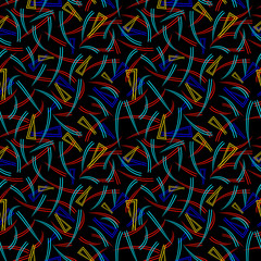 Vector pattern from flowing lines and triangles in neon colors for fabric or decorations.