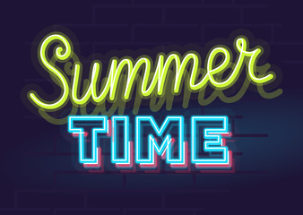 Neon summer icons and font set isolated on brick wall background. For logo, poster, banner. Headline and small condensed uppercase letters.