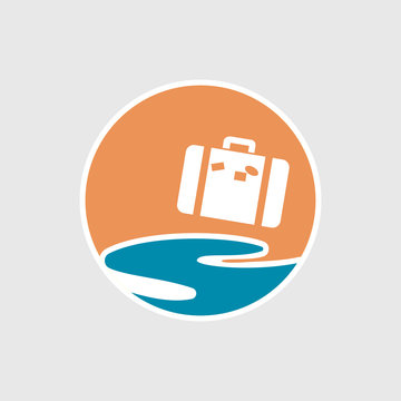 Abstract travel logo with ocean and suitcase. Cruise, tour, delivery concept, Transportation sign. Vector image.
