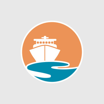 Abstract travel logo with ship and sun.  Ship icon. Cruise, tour, delivery concept, Marine boat. Transportation sign. Vector image.