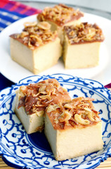 Thai Dessert Menu on wooden background.
Mung Bean Thai Custard Dessert  (Thai name is Khanom Maw Kaeng)