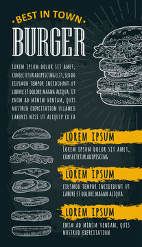Restaurant or cafe menu burger with text. Vintage engraving