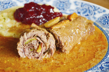 Beef roulade with bread dumpling (German name is Rinderroulade mit Semmelknödel)