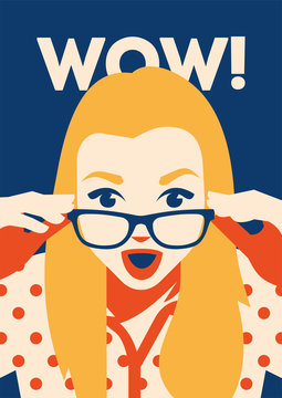 Wow face of surprised woman holding sunglasses in her hand.