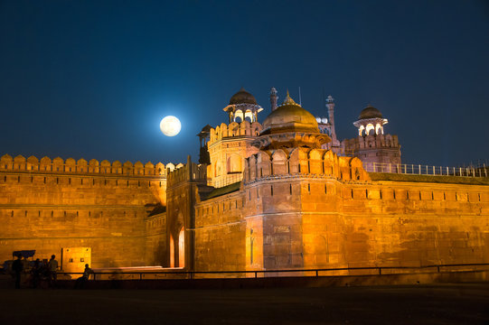 Night scene at Red Fort (Lal Quila) in Delhi , India