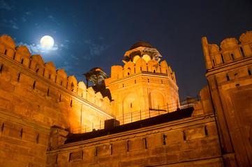 Night scene at Red Fort (Lal Quila) in Delhi , India