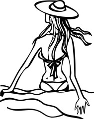 векторное изображение девушка сидит на пляже в шляпке на песке смотрит вдвль