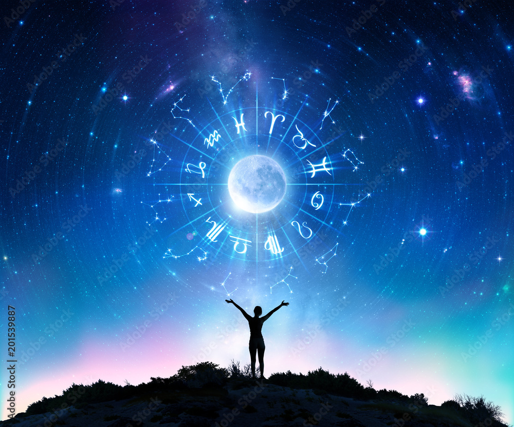 Wall mural woman consulting the stars - zodiac signs in the sky