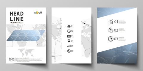 The vector illustration of editable layout of three A4 format modern covers design templates for brochure, magazine, flyer, booklet. World globe on blue. Global network connections, lines and dots.