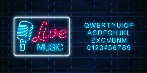 Naklejka premium Neon alphabet and signboard of nightclub with live music. Glowing street sign of bar with karaoke