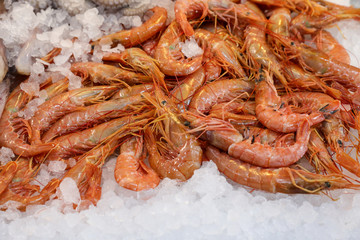 Freshly caught depp-water rose shrimps or Parapenaeus longirostris on the counter in a greek fish shop.