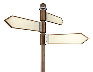 3D illustration of crossroads signpost indicating travel or indecision with a wooden look