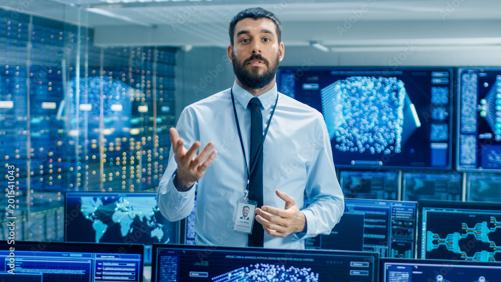 Aufkleber In the World's Top Machine Learning Facility Scientist Excitedly Describes Project He Works on. Background Shows Screens with Working Neural Network/ Artificial Intelligence.