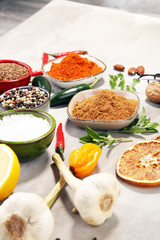 Spices and herbs on table. Food and cuisine ingredients.