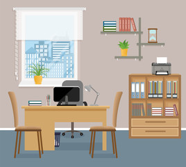 Office room interior design with furniture and window without people. Working indoor room workspace.