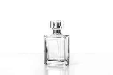 Perfume bottle, transparent glass fragrance spray isolated on white background