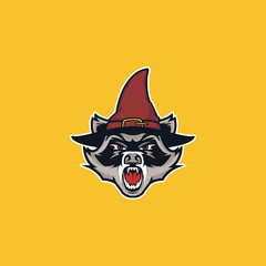 Racoon Head Mascot Icon Logo with witch hat