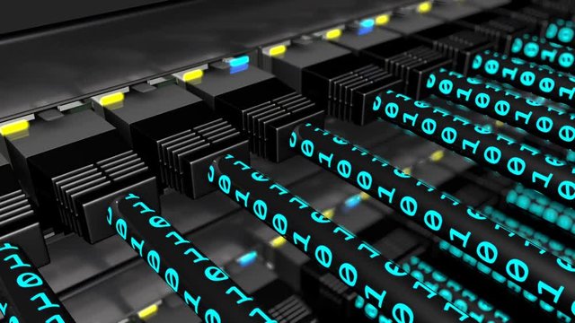 3D animation of Binary data transferring on UTP cables plugged in to network switch. Status LEDs flashes on a network equipment and binary symbols runes through the cables, seamless loop