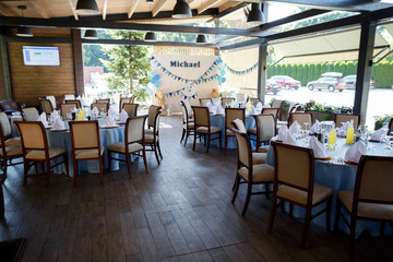 Served for a banquet catering table with wine glasses and plates