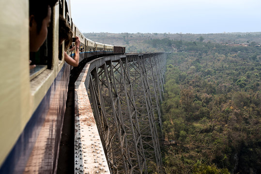 The view from the train through Goteik Viaduct. Hsipaw, Shan State, Myanmar (Burma), March 2018.