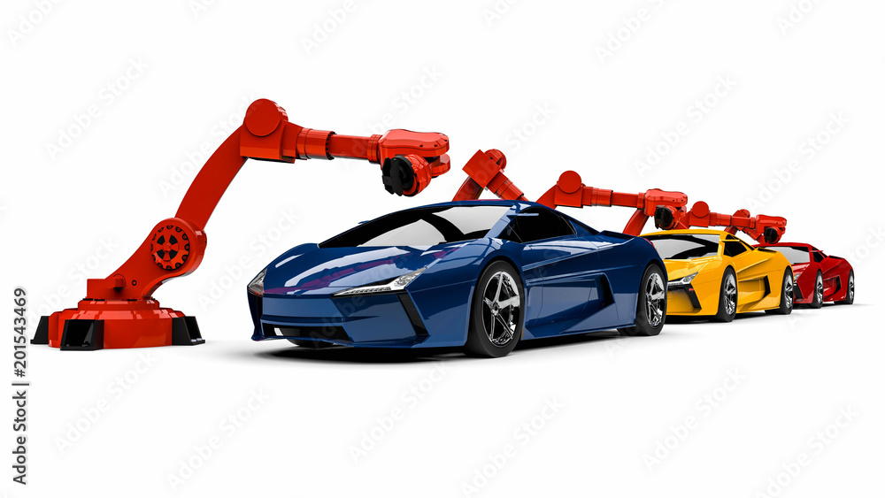 Poster automotive robots / 3d render image representing a line of super cars with automotive robots