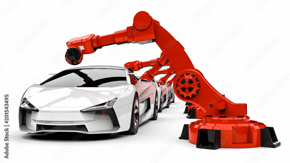 Poster automotive robots / 3d render image representing a line of super cars with automotive robots