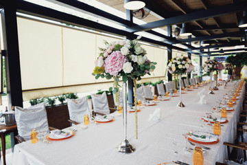 Served for a banquet catering table with wine glasses and plates