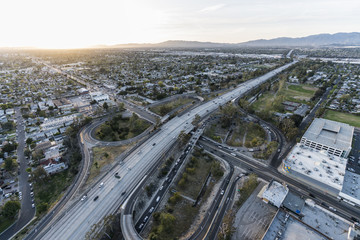 Late afternoon aerial of the Hollywood 170 freeway at Victory Bl in the San Fernando Valley area of Los Angeles, California.